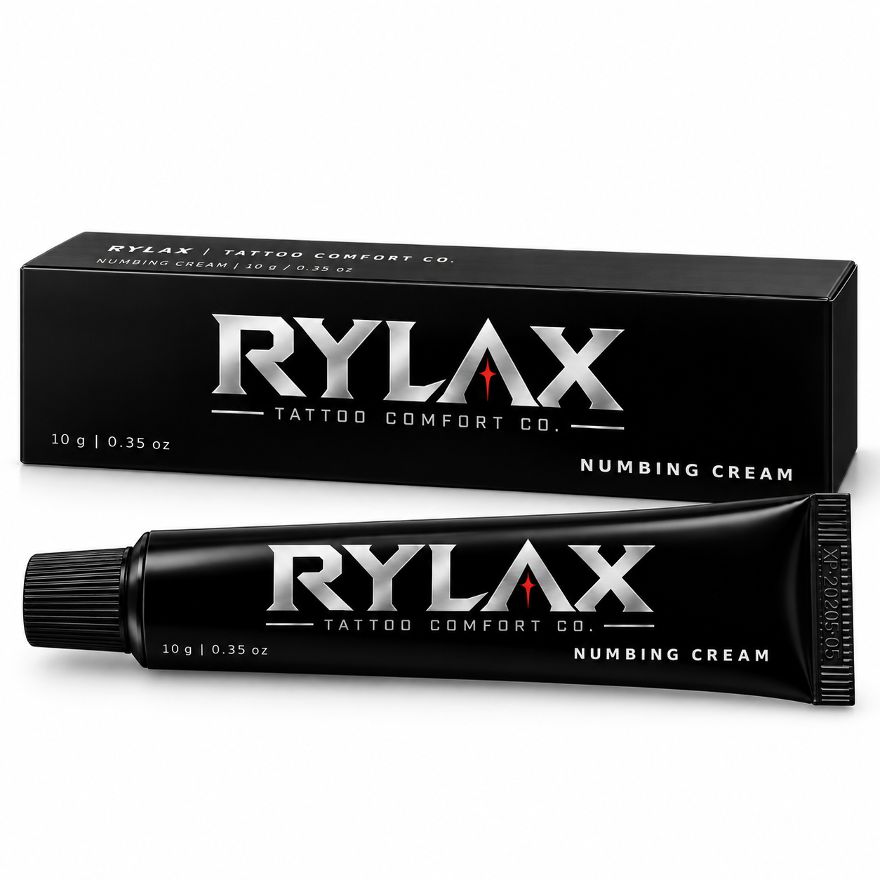Rylax black numbing cream tube and matching box, 10 g / 0.35 oz